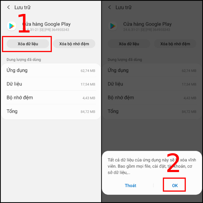 Xóa dữ liệu CH Play
